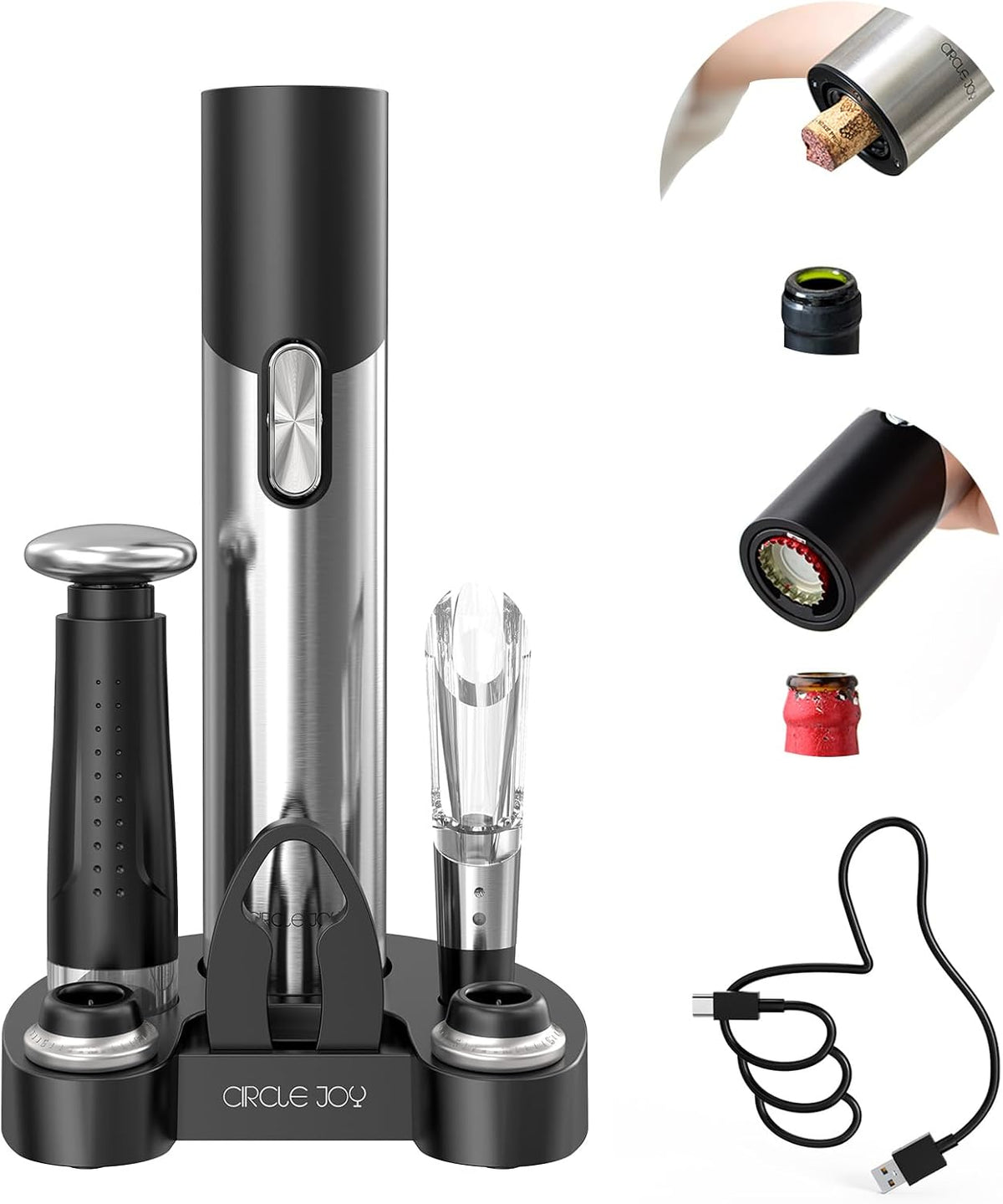 Sacacorchos Eléctrico Recargable 7 en 1 – Set de Regalo con Bomba de Vacío, Aireador y Base de Carga