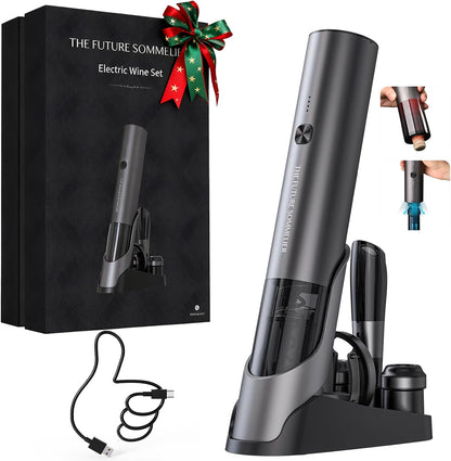 Sacacorchos Eléctrico Recargable 7 en 1 – Set de Regalo con Bomba de Vacío, Aireador y Base de Carga