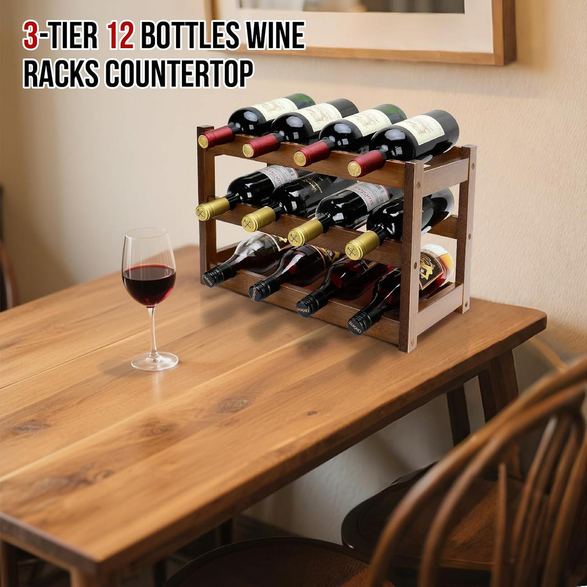 Botellero de Bambú de 3 Niveles – Capacidad para 12 Botellas