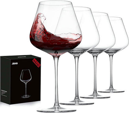 Set de 4 Copas Borgoña de Cristal Soplado a Mano – Estilo Italiano, en Caja de Regalo