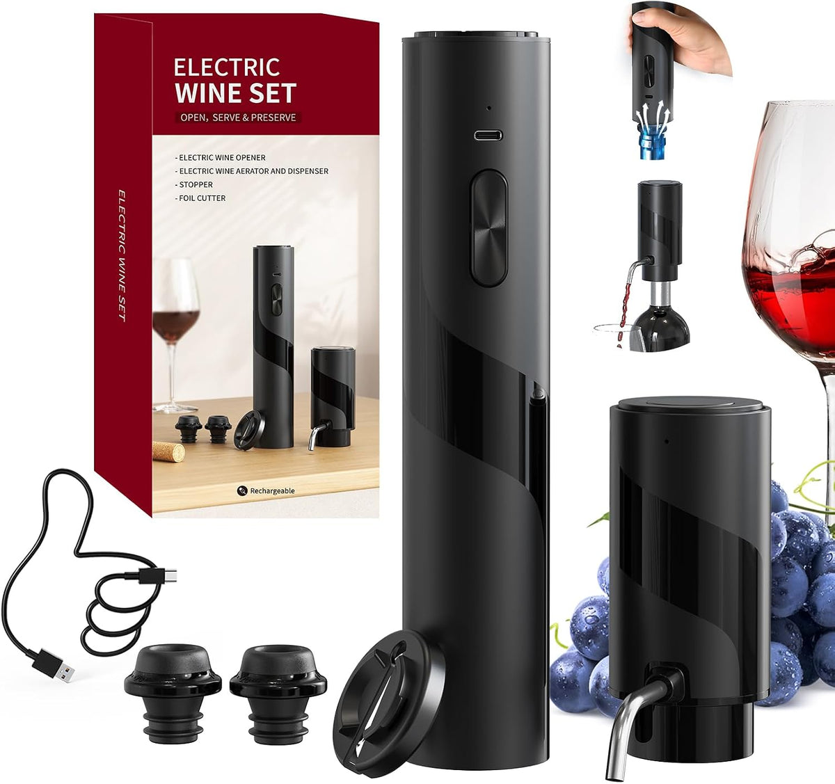 Sacacorchos Eléctrico Recargable 7 en 1 – Set de Regalo con Bomba de Vacío, Aireador y Base de Carga