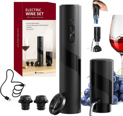 Sacacorchos Eléctrico Recargable 7 en 1 – Set de Regalo con Bomba de Vacío, Aireador y Base de Carga